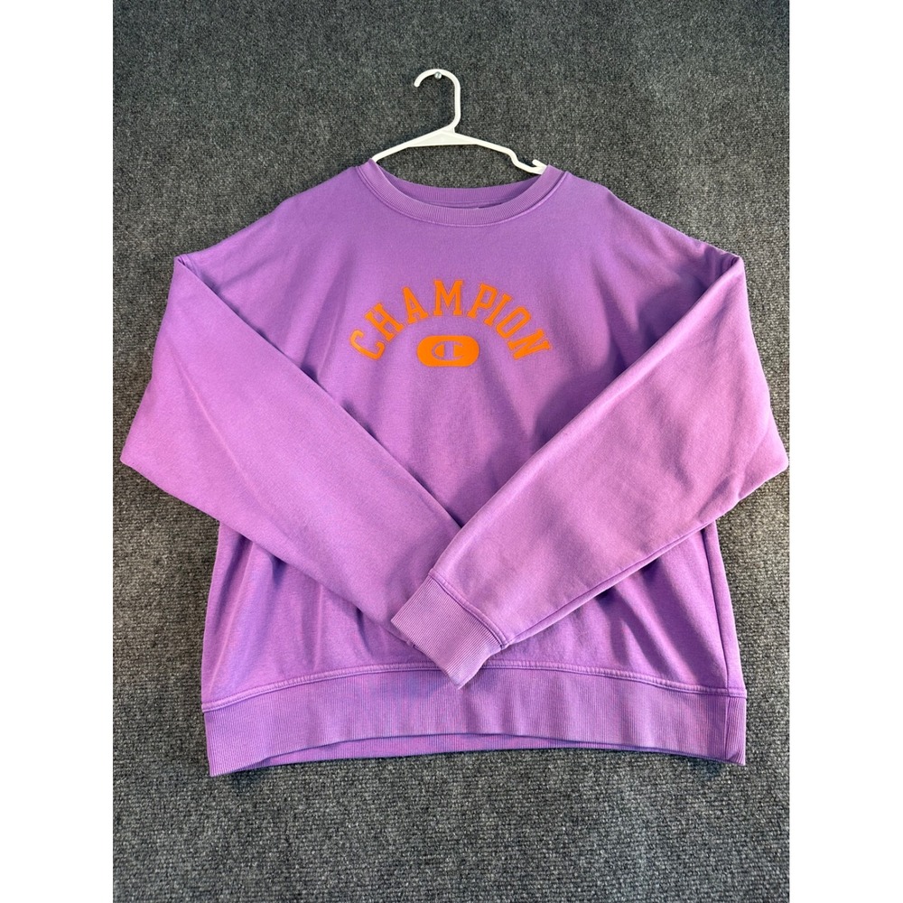 Champion Purple Crewneck Sweatshirt Orange Logo Graphic Pullover Mens Medium